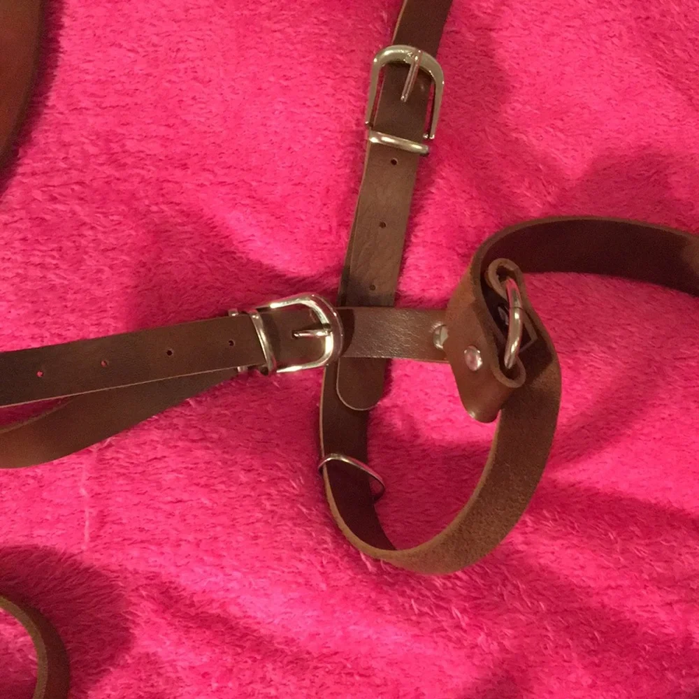 Brown Faux Leather Harness Belt with Metal Buckle Details